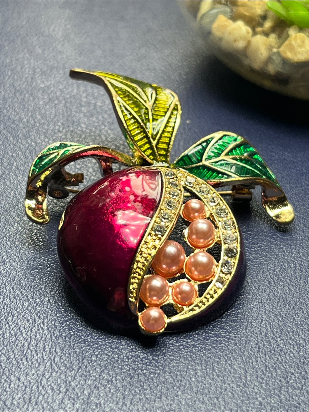 Enameled Pomegranate pendant brooch w/rhinestones & faux pearls